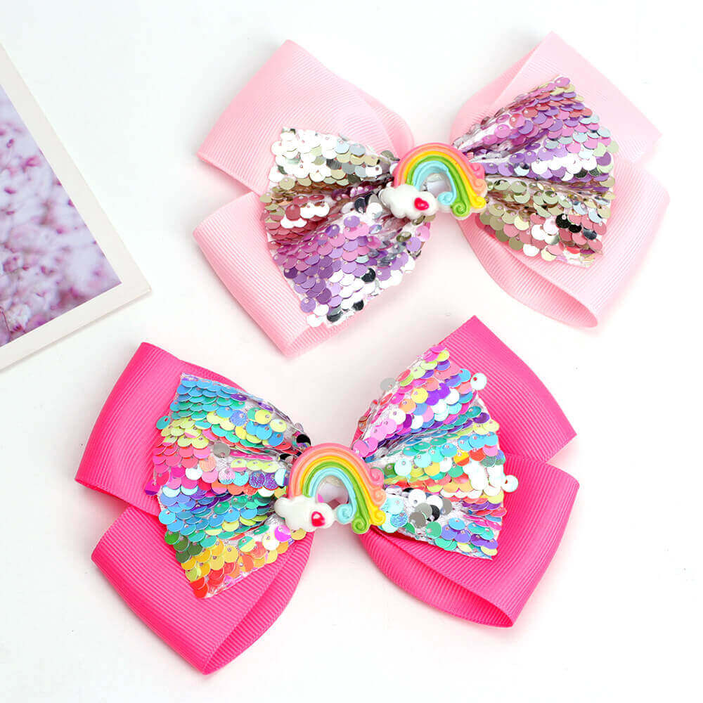 Girls Rainbow Sequin Cheer Bow – Fashionably, BBK!